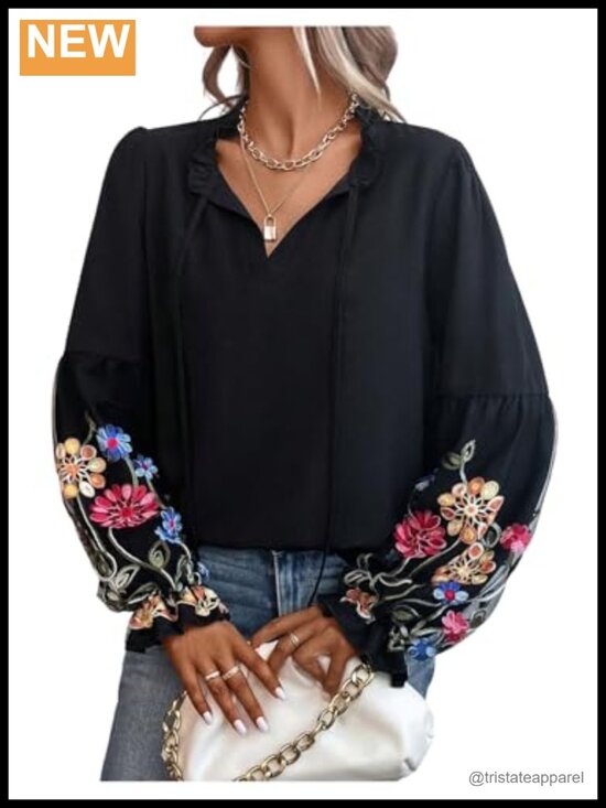 Tops - Floral Embroidered Peasant Blouse Tie Neck Lantern Sleeve Dressy Casual Top